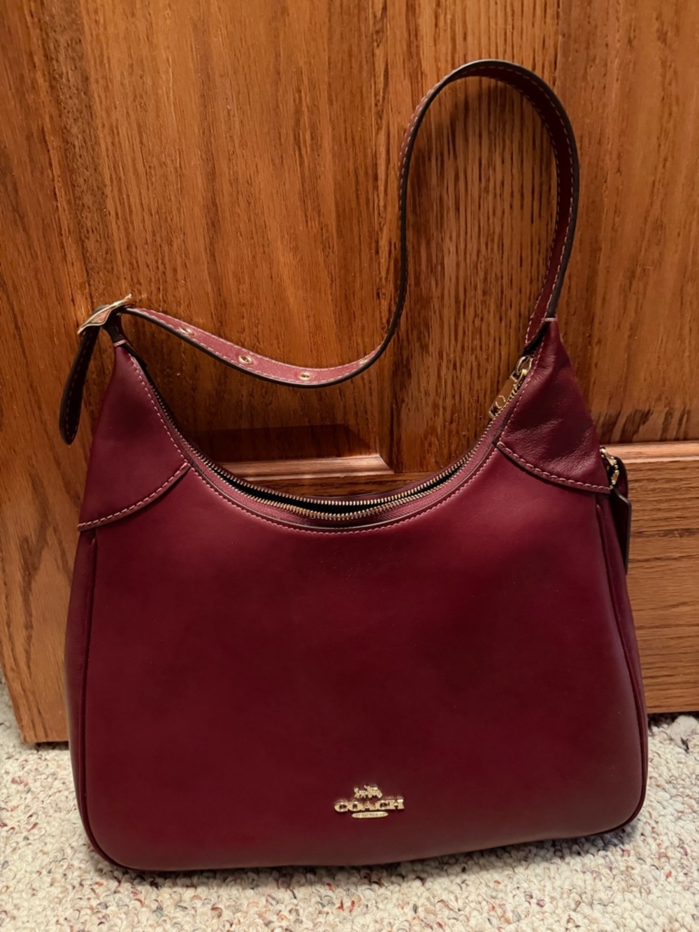 Coach Merlot Leather Shoulder Hobo Bag with Gold Accents